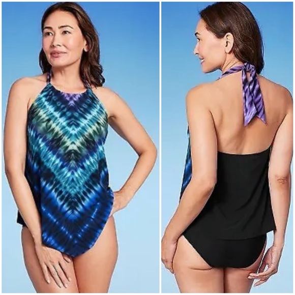 Aqua Green Asymmetrical High Neck Halter Tie Tankini Top in Shades of Blue - Picture 6 of 6
